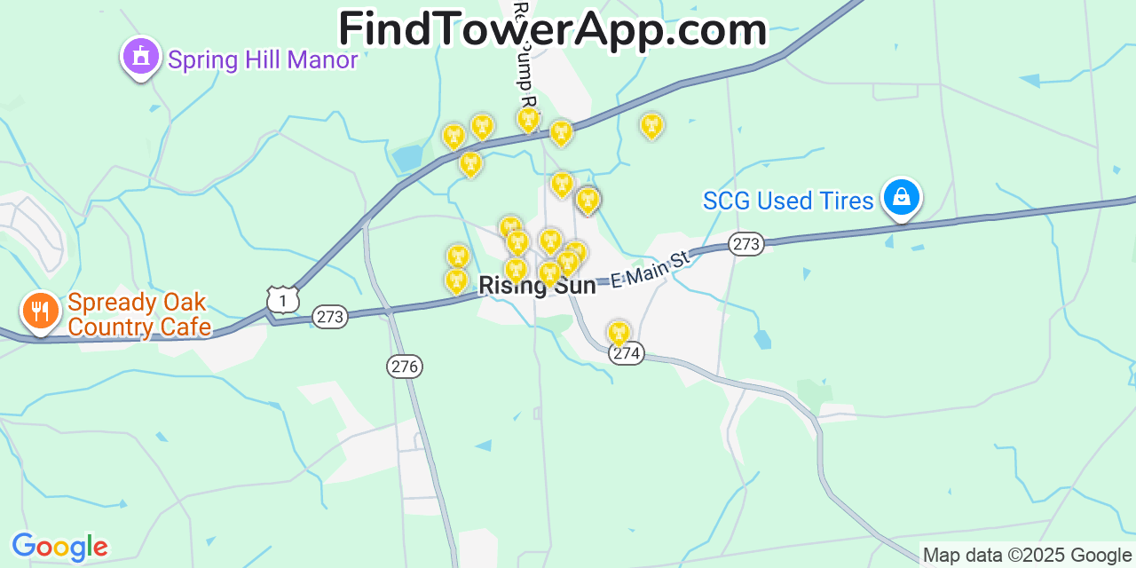 Map showing the 20 primary cell tower locations detected in Rising Sun, Maryland from AT&T, Verizon, and T-Mobile networks