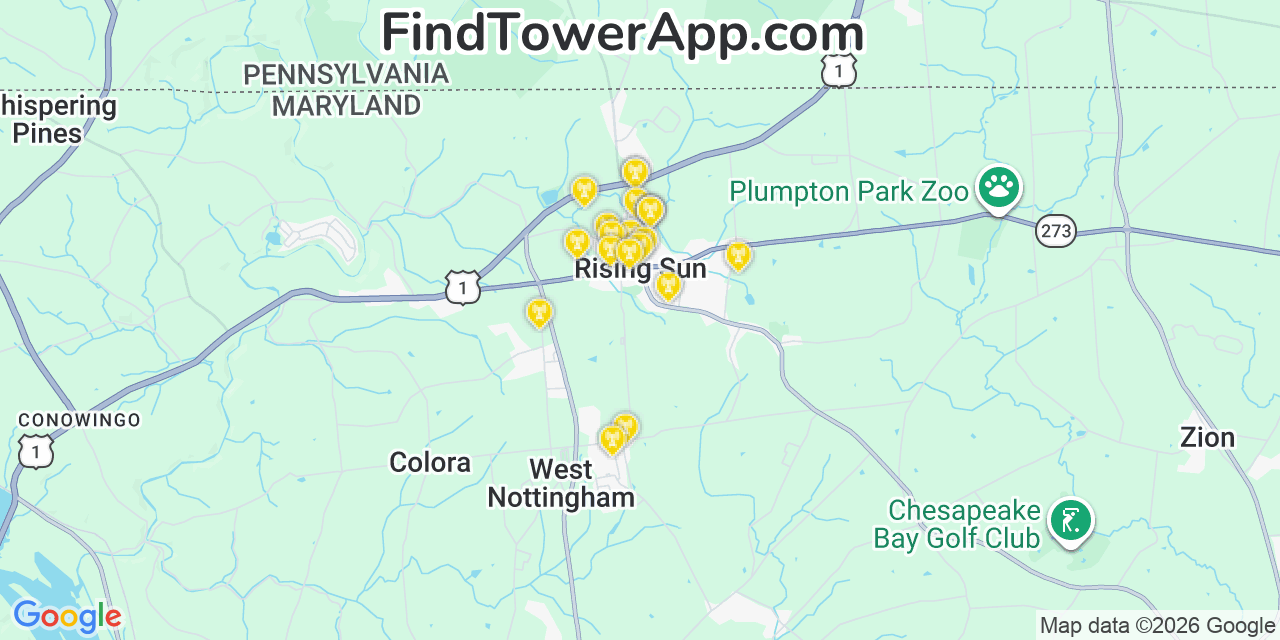Map showing the 20 primary cell tower locations detected in Rising Sun, Maryland from AT&T, Verizon, and T-Mobile networks