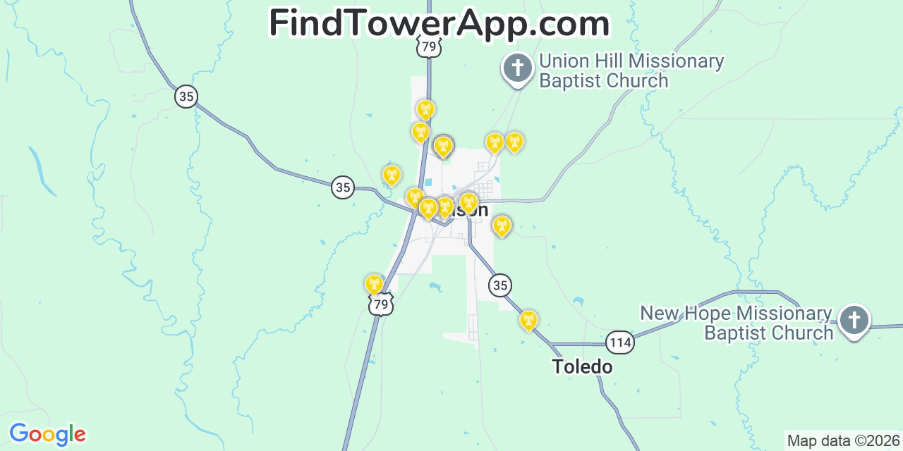 Map showing the 20 primary cell tower locations detected in Rison, Arkansas from AT&T, Verizon, and T-Mobile networks