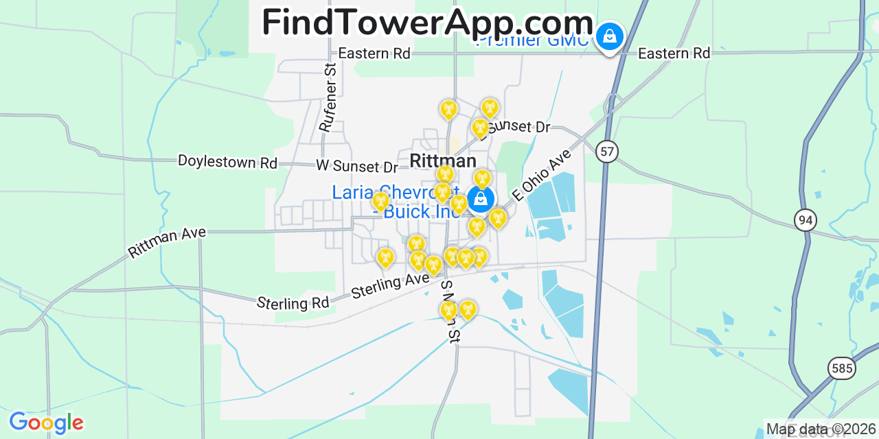 Map showing the 20 primary cell tower locations detected in Rittman, Ohio from AT&T, Verizon, and T-Mobile networks