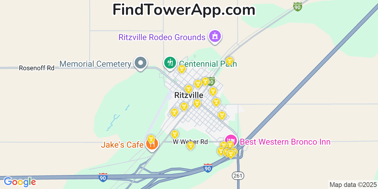 Map showing the 20 primary cell tower locations detected in Ritzville, Washington from AT&T, Verizon, and T-Mobile networks