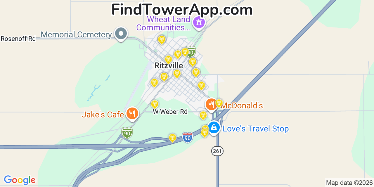 Map showing the 20 primary cell tower locations detected in Ritzville, Washington from AT&T, Verizon, and T-Mobile networks