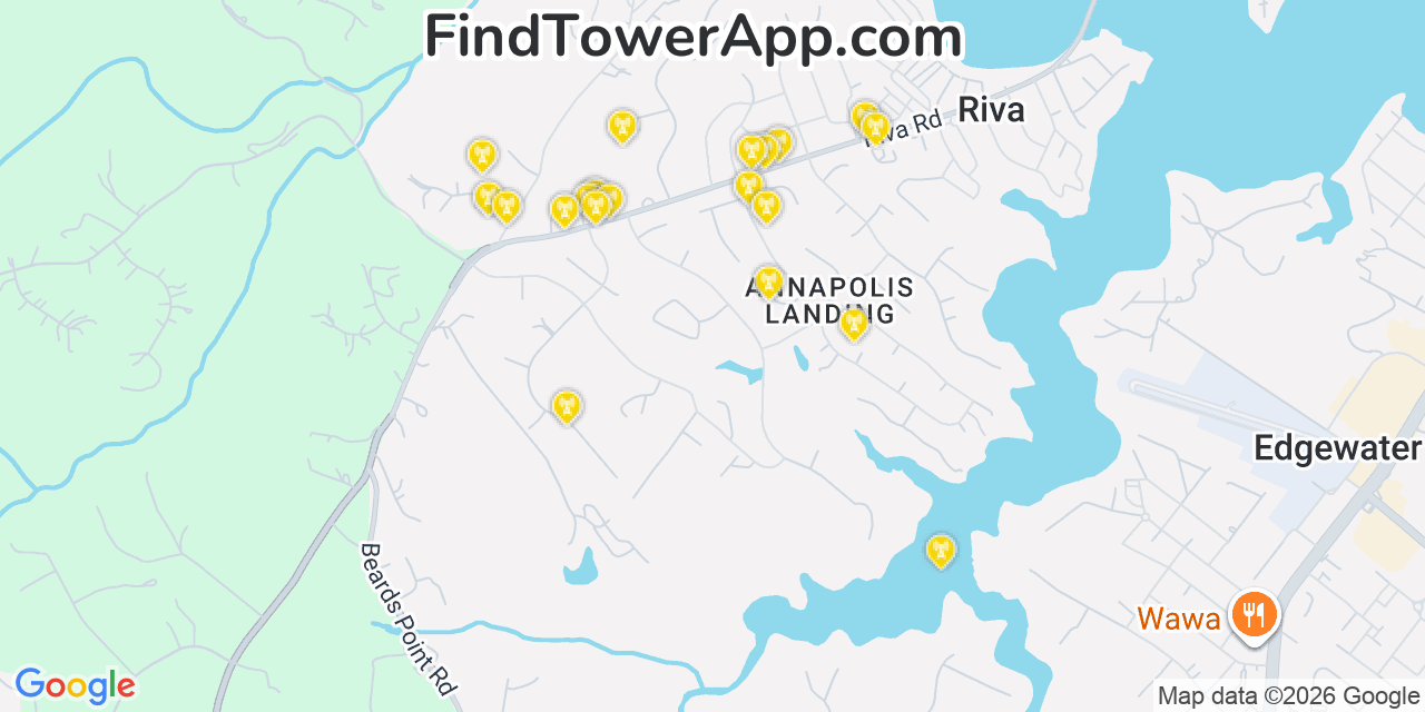 Map showing the 20 primary cell tower locations detected in Riva, Maryland from AT&T, Verizon, and T-Mobile networks