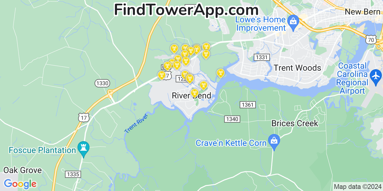 AT&T 4G/5G cell tower coverage map River Bend, North Carolina