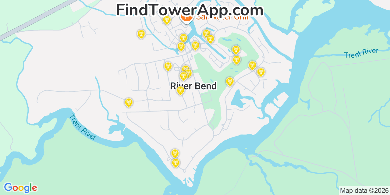 Map showing the 20 primary cell tower locations detected in River Bend, North Carolina from AT&T, Verizon, and T-Mobile networks