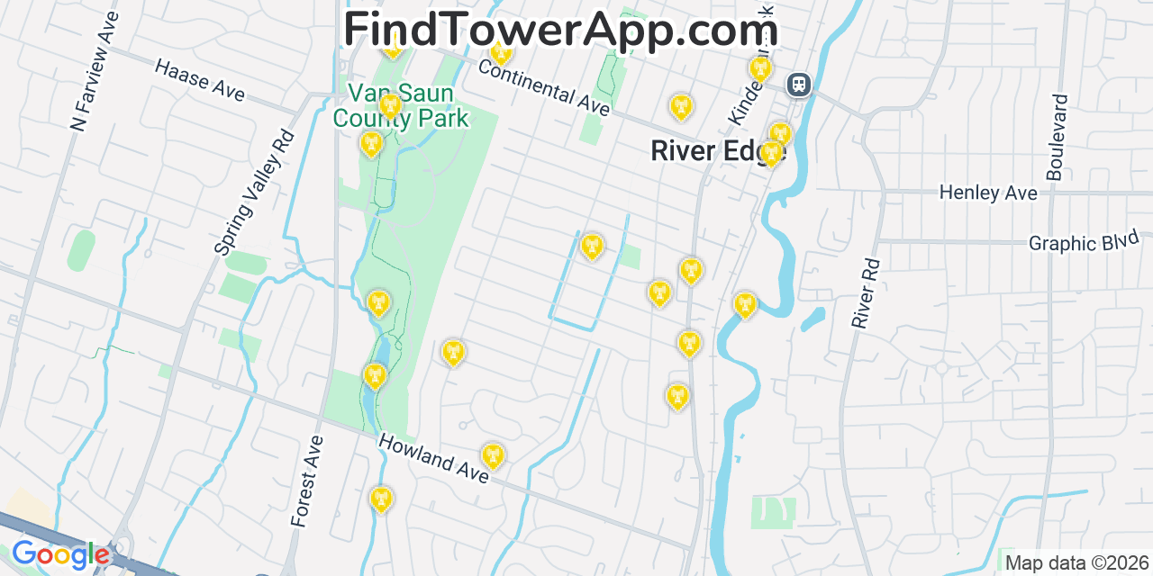 Map showing the 20 primary cell tower locations detected in River Edge, New Jersey from AT&T, Verizon, and T-Mobile networks