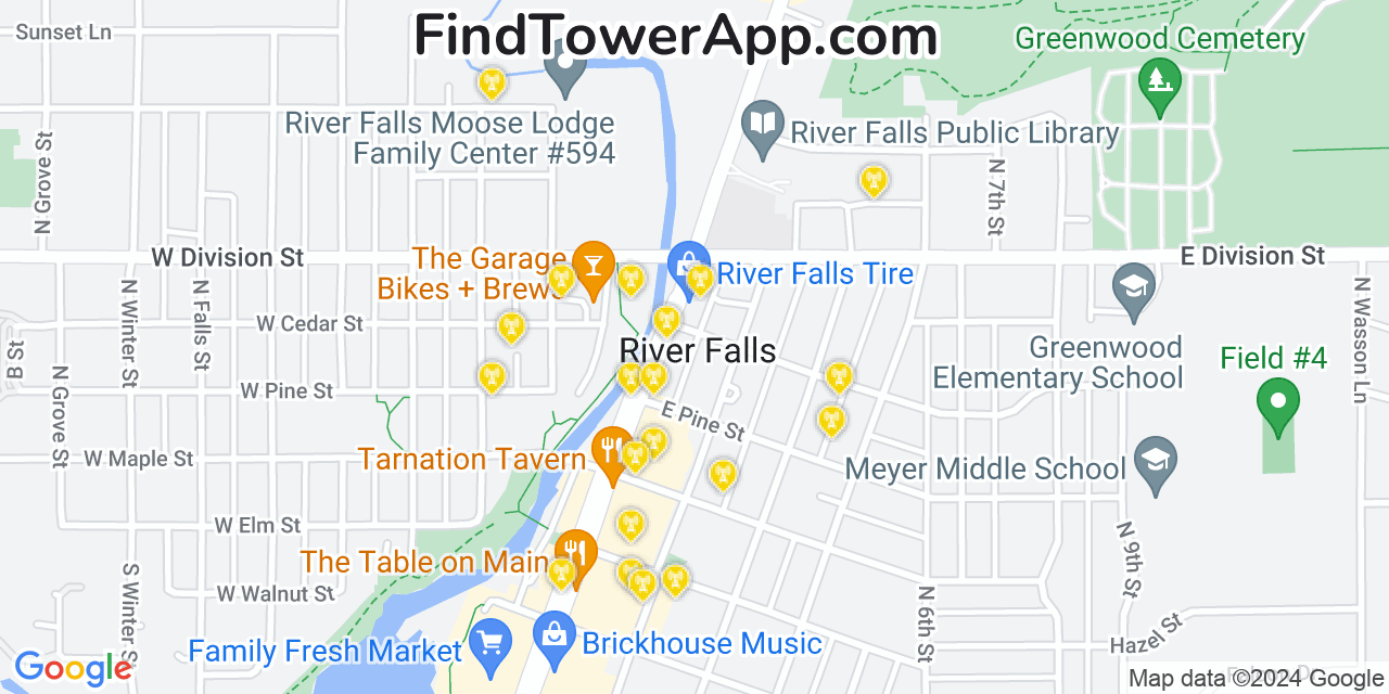 AT&T 4G/5G cell tower coverage map River Falls, Wisconsin