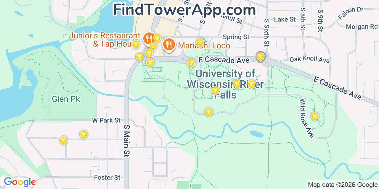 Map showing the 20 primary cell tower locations detected in River Falls, Wisconsin from AT&T, Verizon, and T-Mobile networks