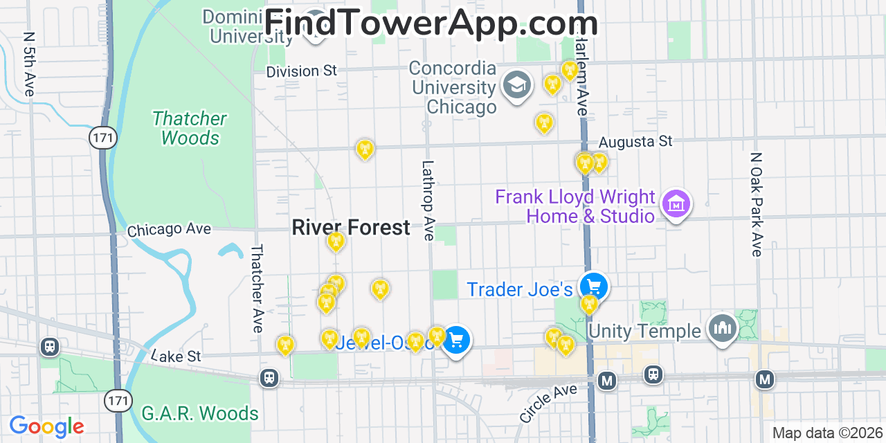 Map showing the 20 primary cell tower locations detected in River Forest, Illinois from AT&T, Verizon, and T-Mobile networks