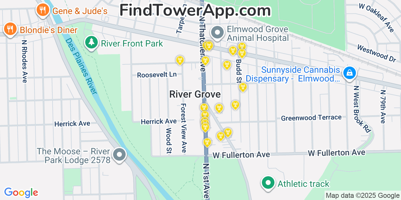 Map showing the 20 primary cell tower locations detected in River Grove, Illinois from AT&T, Verizon, and T-Mobile networks