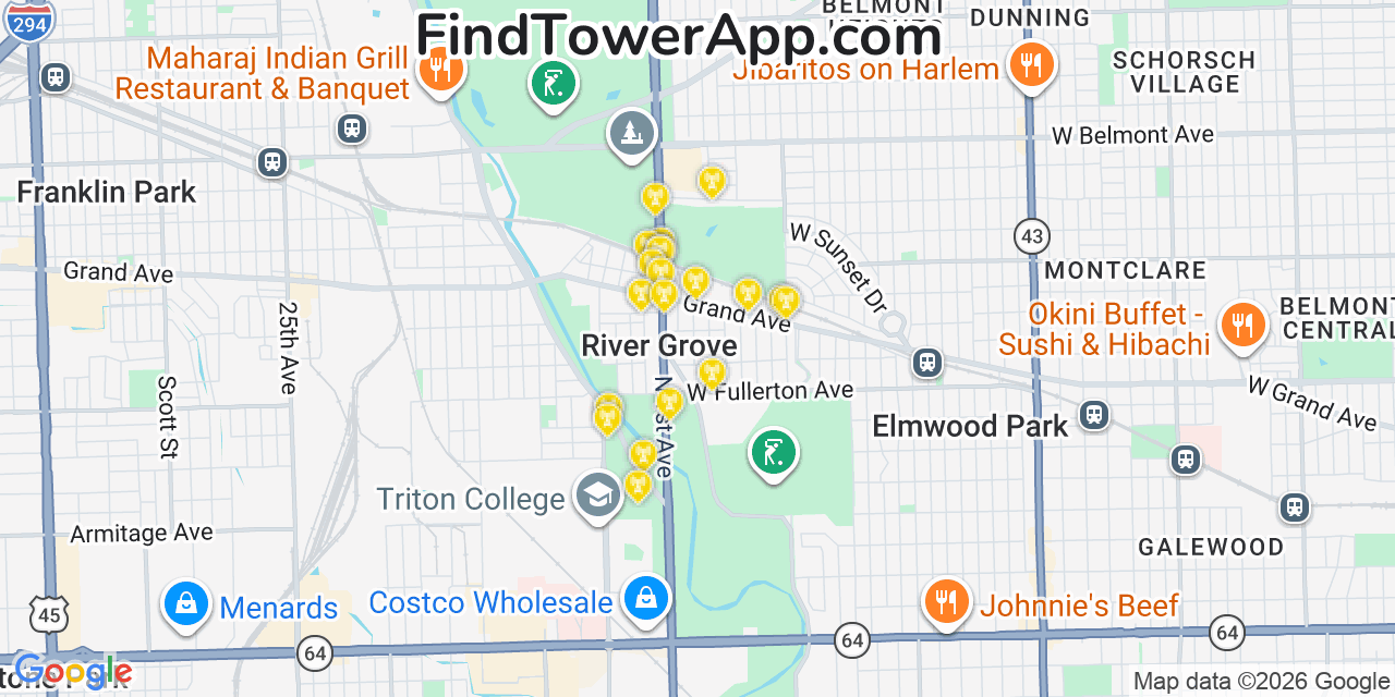 Map showing the 20 primary cell tower locations detected in River Grove, Illinois from AT&T, Verizon, and T-Mobile networks