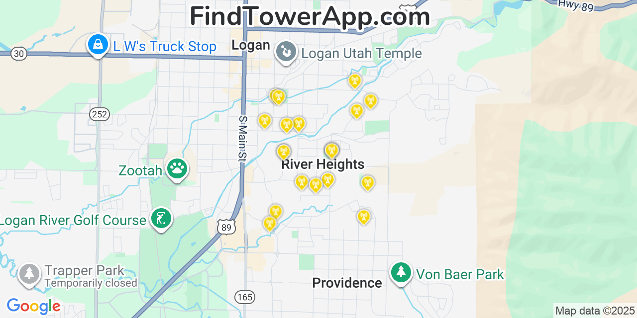 Map showing the 20 primary cell tower locations detected in River Heights, Utah from AT&T, Verizon, and T-Mobile networks