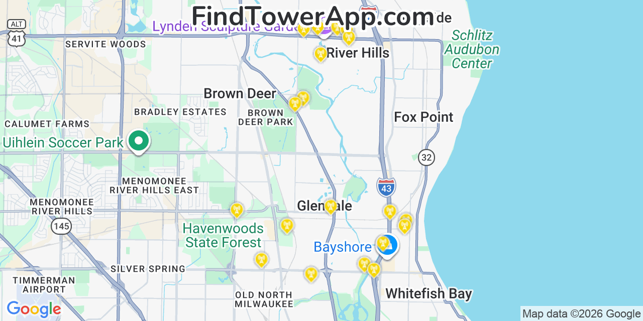 Map showing the 20 primary cell tower locations detected in River Hills, Wisconsin from AT&T, Verizon, and T-Mobile networks