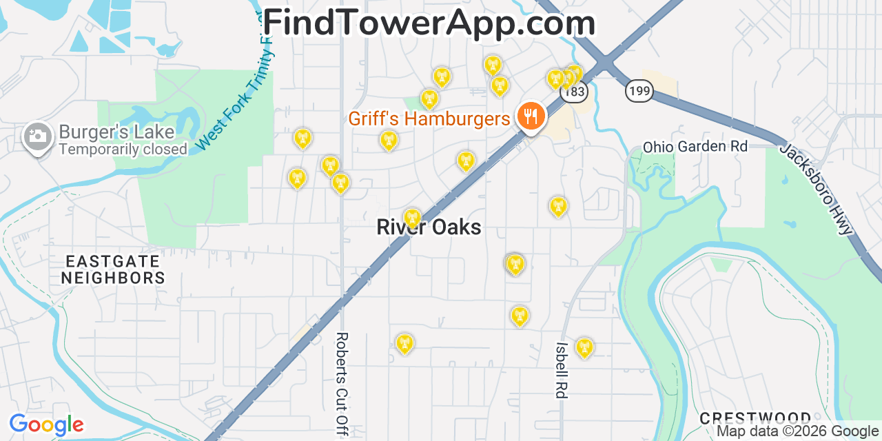Map showing the 20 primary cell tower locations detected in River Oaks, Texas from AT&T, Verizon, and T-Mobile networks