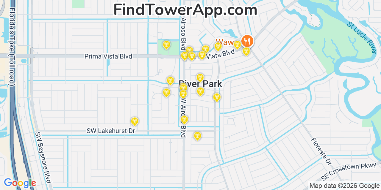 Map showing the 20 primary cell tower locations detected in River Park, Florida from AT&T, Verizon, and T-Mobile networks