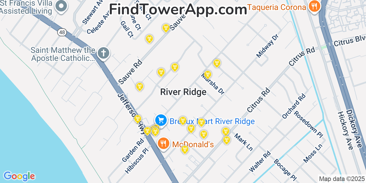 Map showing the 20 primary cell tower locations detected in River Ridge, Louisiana from AT&T, Verizon, and T-Mobile networks