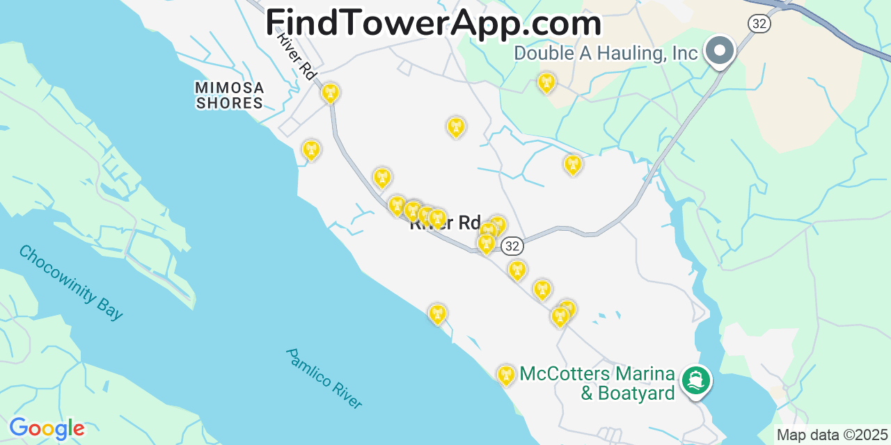 Map showing the 20 primary cell tower locations detected in River Road, North Carolina from AT&T, Verizon, and T-Mobile networks