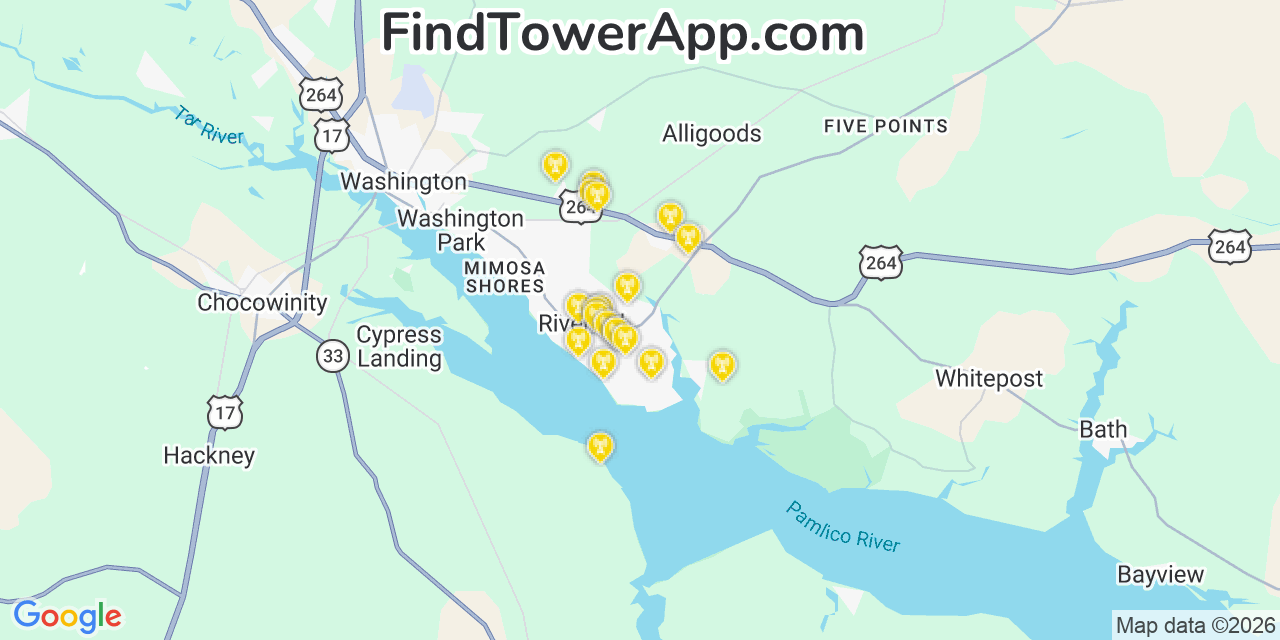Map showing the 20 primary cell tower locations detected in River Road, North Carolina from AT&T, Verizon, and T-Mobile networks