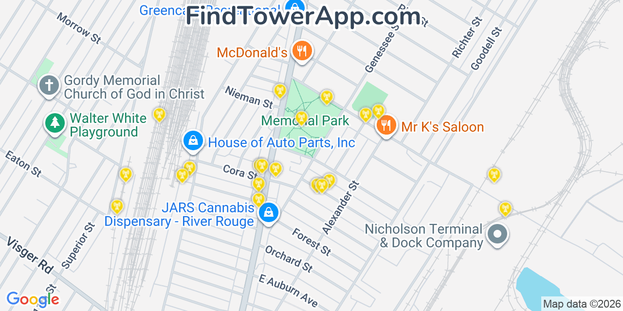 Map showing the 20 primary cell tower locations detected in River Rouge, Michigan from AT&T, Verizon, and T-Mobile networks