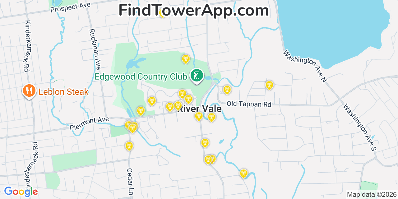 Map showing the 20 primary cell tower locations detected in River Vale, New Jersey from AT&T, Verizon, and T-Mobile networks