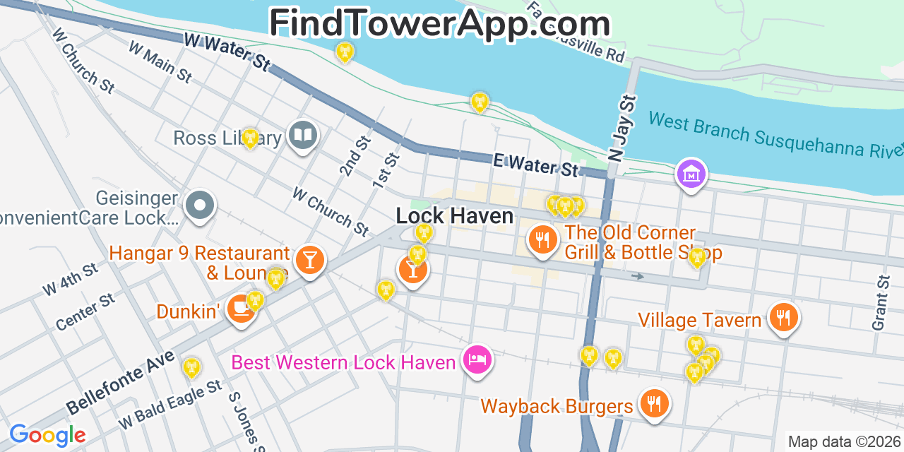 Map showing the 20 primary cell tower locations detected in River View Park, Pennsylvania from AT&T, Verizon, and T-Mobile networks