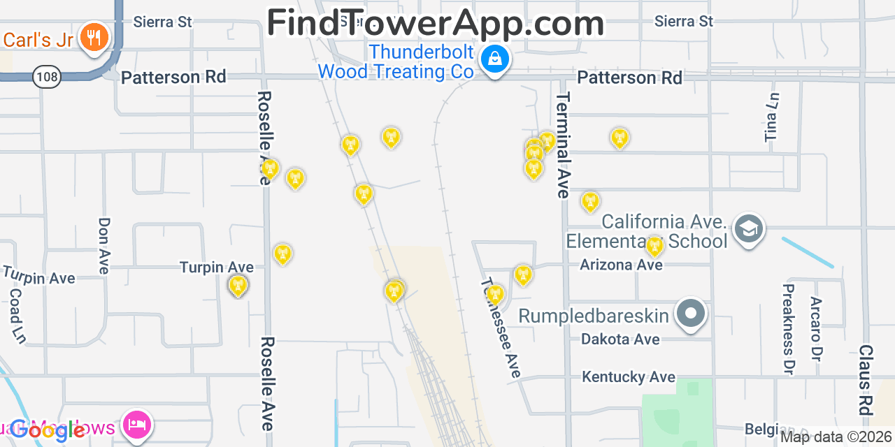 Map showing the 20 primary cell tower locations detected in Riverbank, California from AT&T, Verizon, and T-Mobile networks