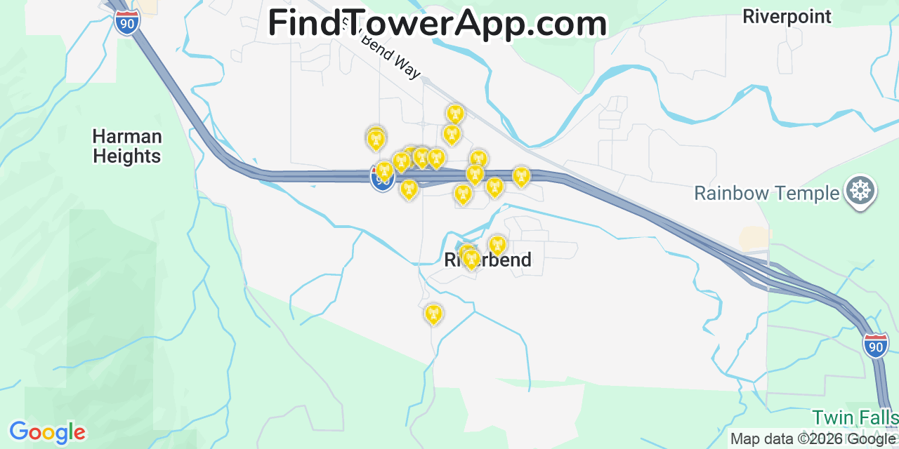 Map showing the 20 primary cell tower locations detected in Riverbend, Washington from AT&T, Verizon, and T-Mobile networks