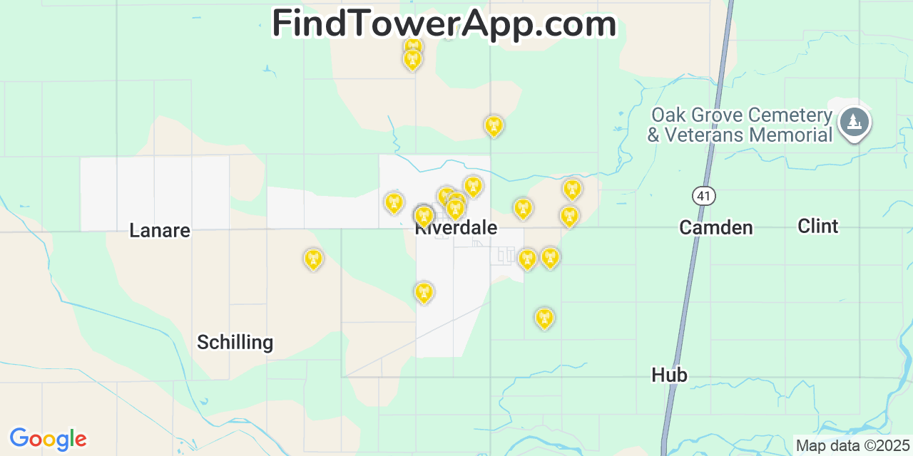 Map showing the 20 primary cell tower locations detected in Riverdale, California from AT&T, Verizon, and T-Mobile networks