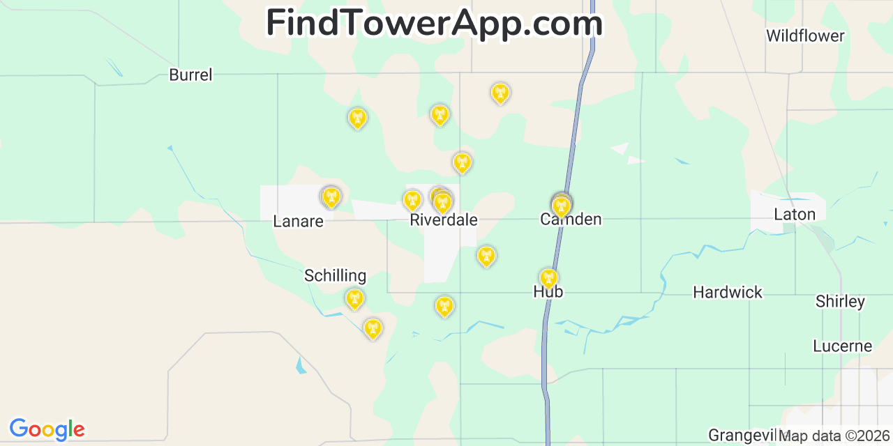 Map showing the 20 primary cell tower locations detected in Riverdale, California from AT&T, Verizon, and T-Mobile networks