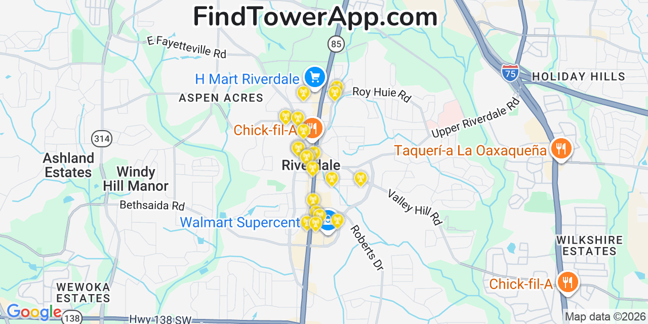 Map showing the 20 primary cell tower locations detected in Riverdale, Georgia from AT&T, Verizon, and T-Mobile networks