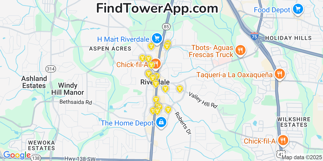 Map showing the 20 primary Mobitel cell tower locations detected in Riverdale, Georgia with coverage radius and signal strength indicators