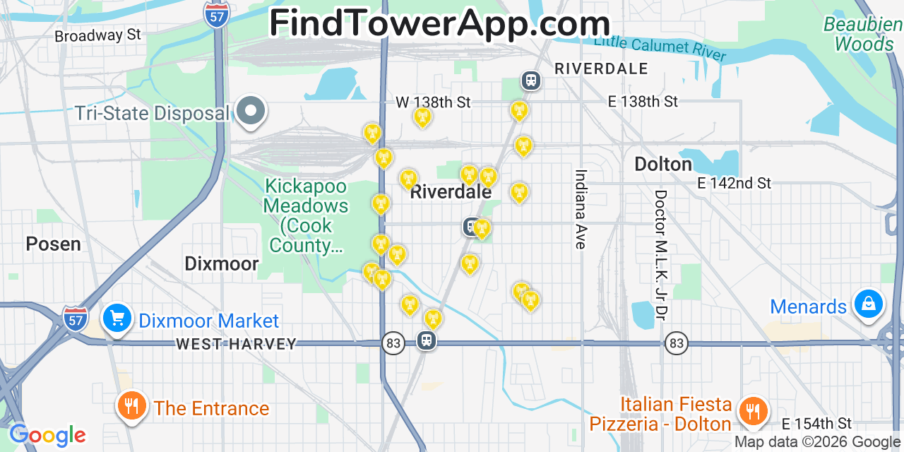 Map showing the 20 primary cell tower locations detected in Riverdale, Illinois from AT&T, Verizon, and T-Mobile networks