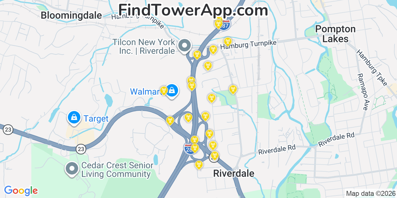 Map showing the 20 primary cell tower locations detected in Riverdale, New Jersey from AT&T, Verizon, and T-Mobile networks