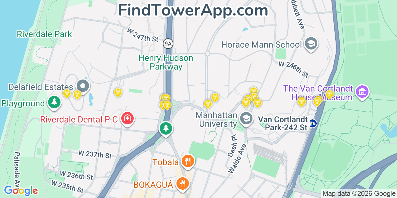 Map showing the 20 primary cell tower locations detected in Riverdale, New York from AT&T, Verizon, and T-Mobile networks