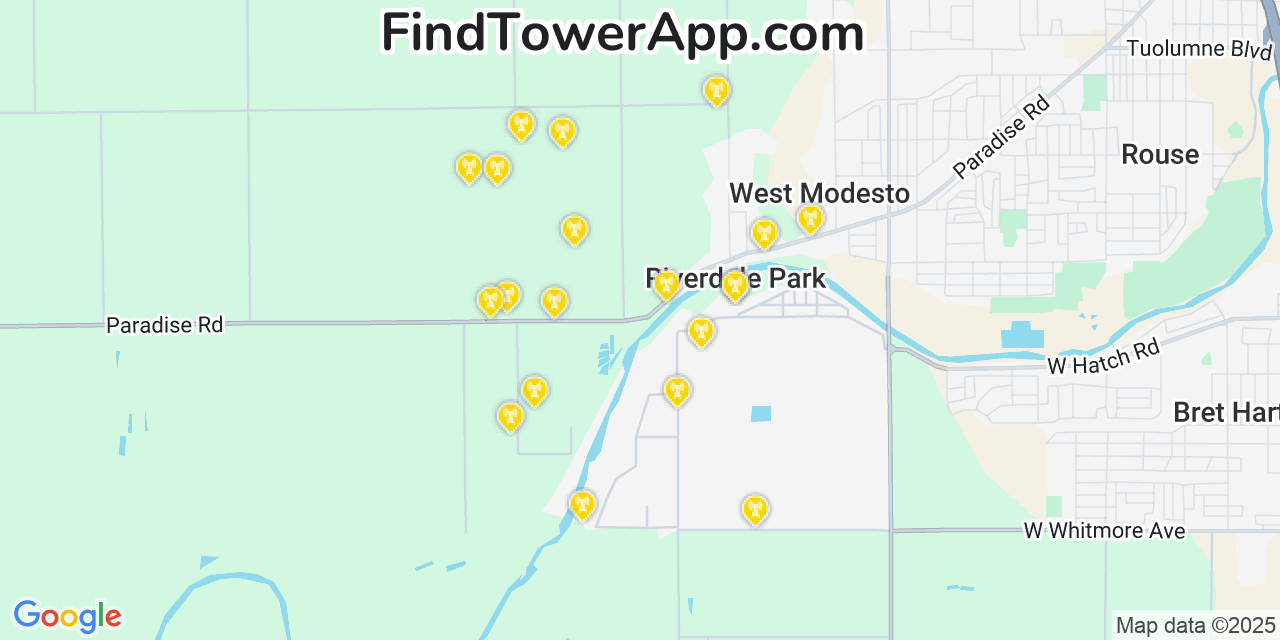 Map showing the 20 primary cell tower locations detected in Riverdale Park, California from AT&T, Verizon, and T-Mobile networks
