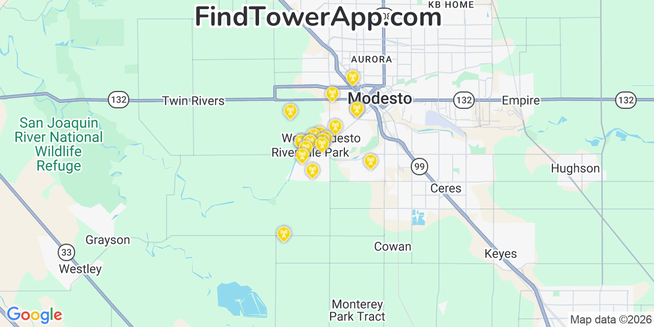 Map showing the 20 primary cell tower locations detected in Riverdale Park, California from AT&T, Verizon, and T-Mobile networks
