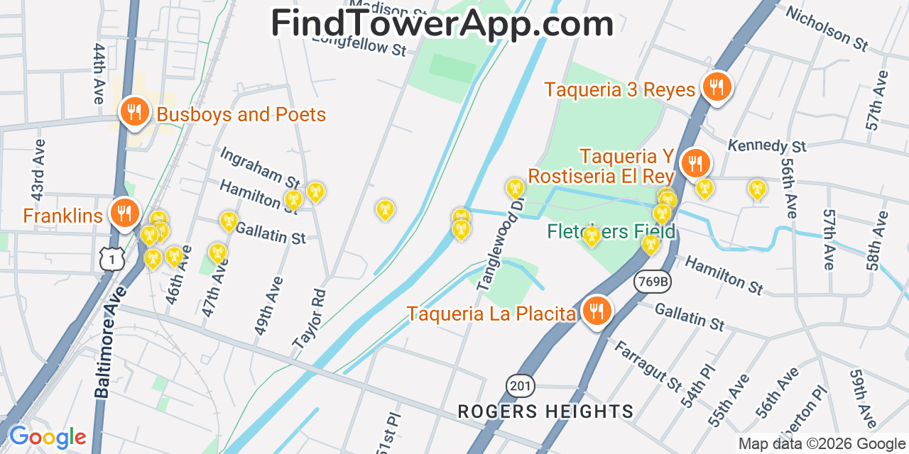 Map showing the 20 primary cell tower locations detected in Riverdale Park, Maryland from AT&T, Verizon, and T-Mobile networks