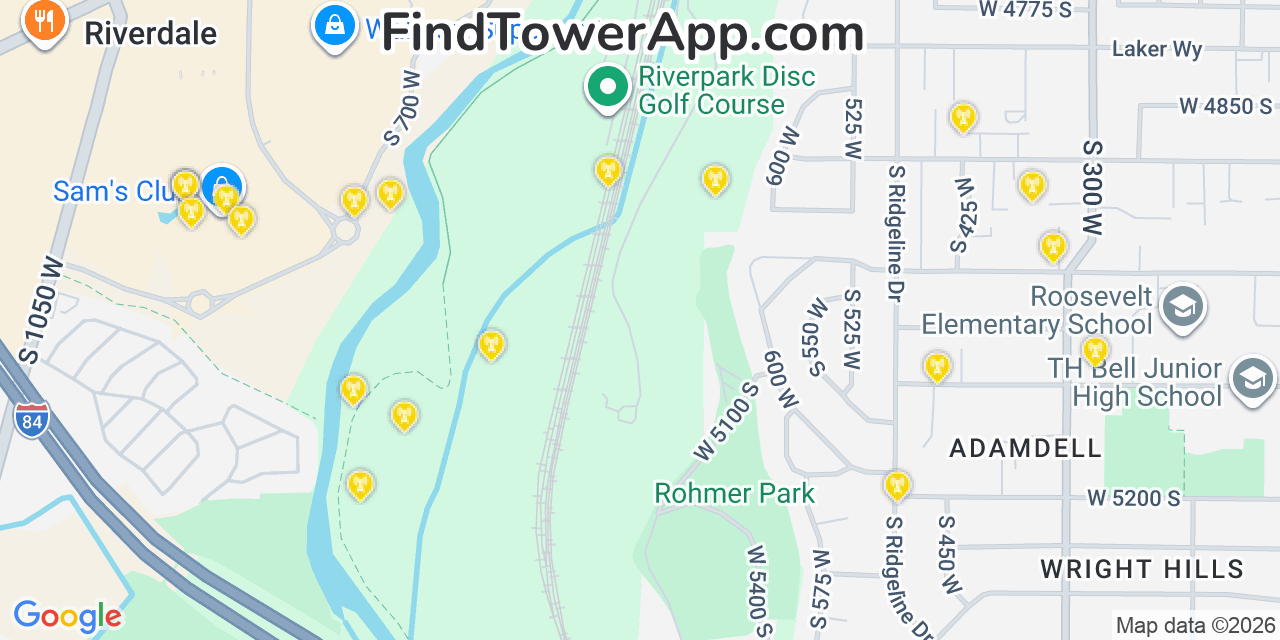Map showing the 20 primary cell tower locations detected in Riverdale, Utah from AT&T, Verizon, and T-Mobile networks