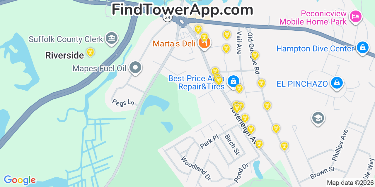 Map showing the 20 primary cell tower locations detected in Riverhead, New York from AT&T, Verizon, and T-Mobile networks