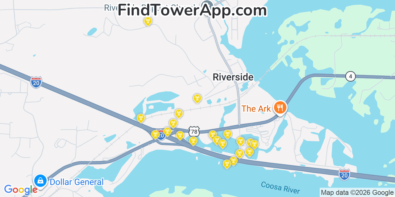 Map showing the 20 primary cell tower locations detected in Riverside, Alabama from AT&T, Verizon, and T-Mobile networks