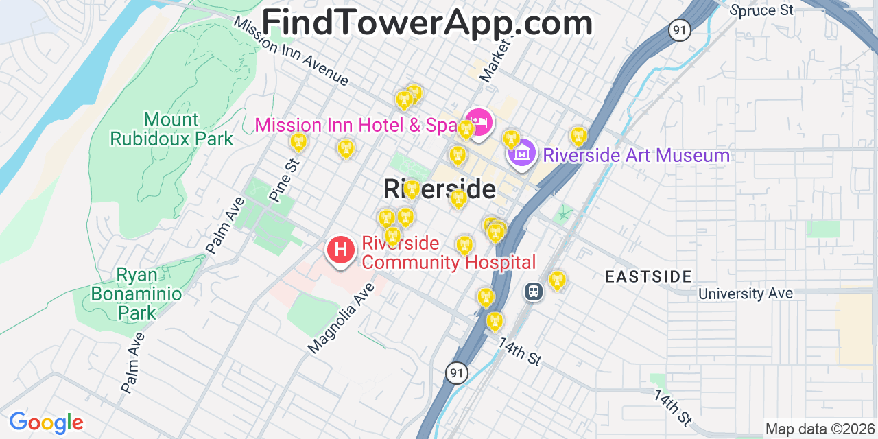 Map showing the 20 primary cell tower locations detected in Riverside, California from AT&T, Verizon, and T-Mobile networks