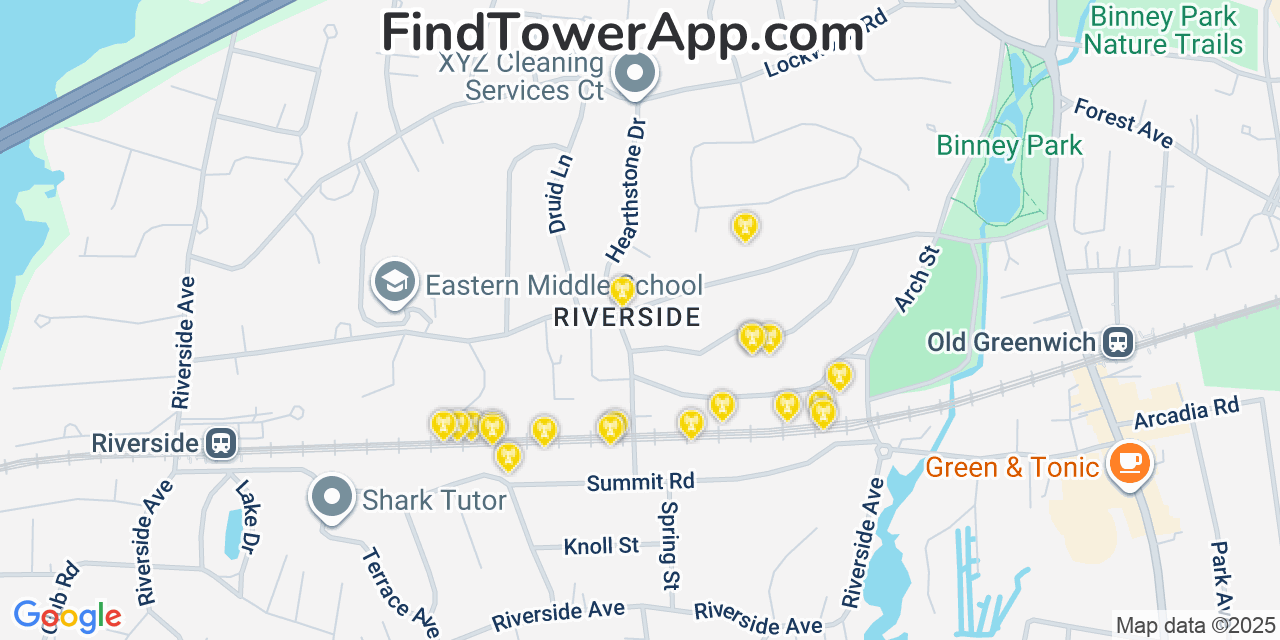 Map showing the 20 primary cell tower locations detected in Riverside, Connecticut from AT&T, Verizon, and T-Mobile networks