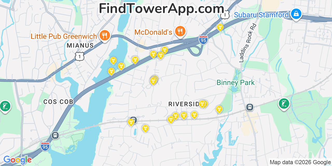 Map showing the 20 primary cell tower locations detected in Riverside, Connecticut from AT&T, Verizon, and T-Mobile networks