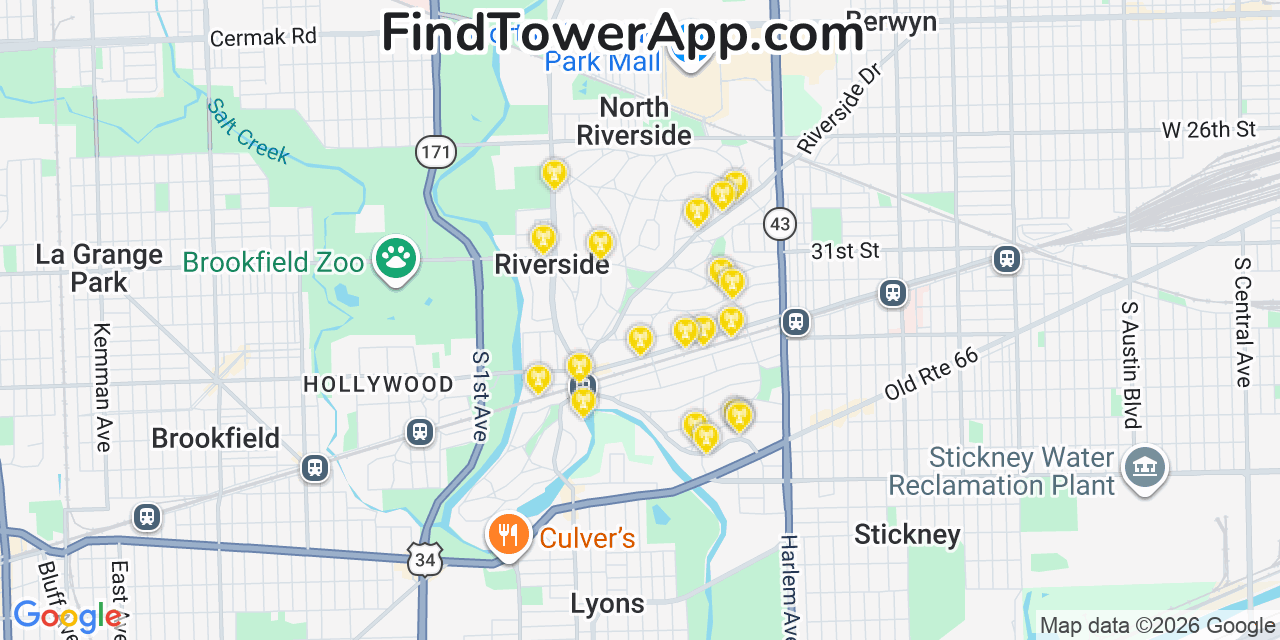 Map showing the 20 primary cell tower locations detected in Riverside, Illinois from AT&T, Verizon, and T-Mobile networks