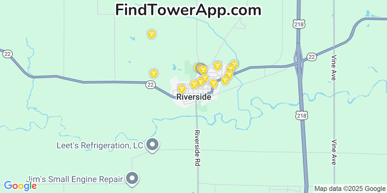 Map showing the 20 primary cell tower locations detected in Riverside, Iowa from AT&T, Verizon, and T-Mobile networks
