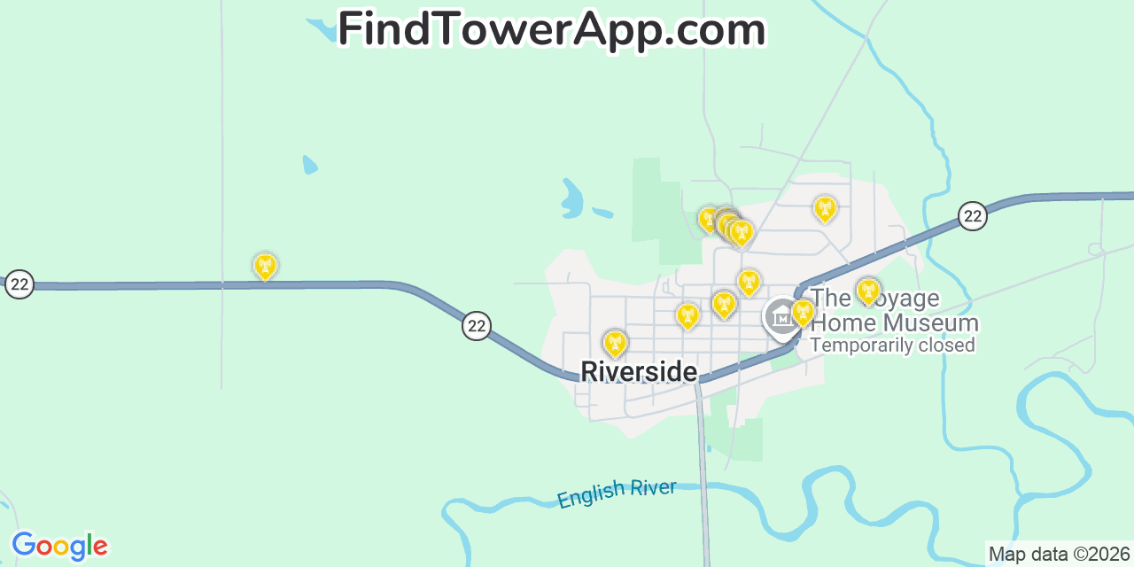 Map showing the 20 primary cell tower locations detected in Riverside, Iowa from AT&T, Verizon, and T-Mobile networks