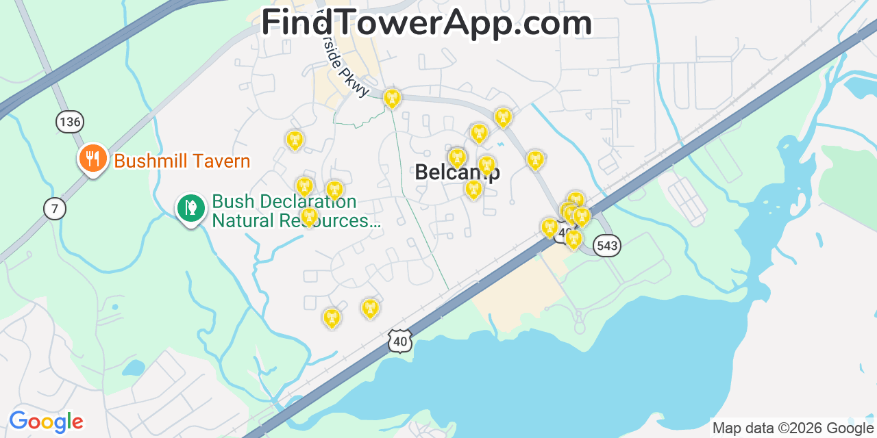 Map showing the 20 primary cell tower locations detected in Riverside, Maryland from AT&T, Verizon, and T-Mobile networks