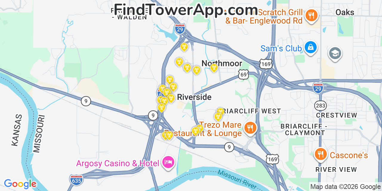 Map showing the 20 primary cell tower locations detected in Riverside, Missouri from AT&T, Verizon, and T-Mobile networks