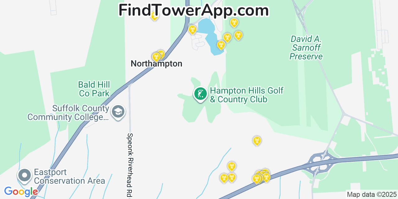 Map showing the 20 primary cell tower locations detected in Riverside, New York from AT&T, Verizon, and T-Mobile networks