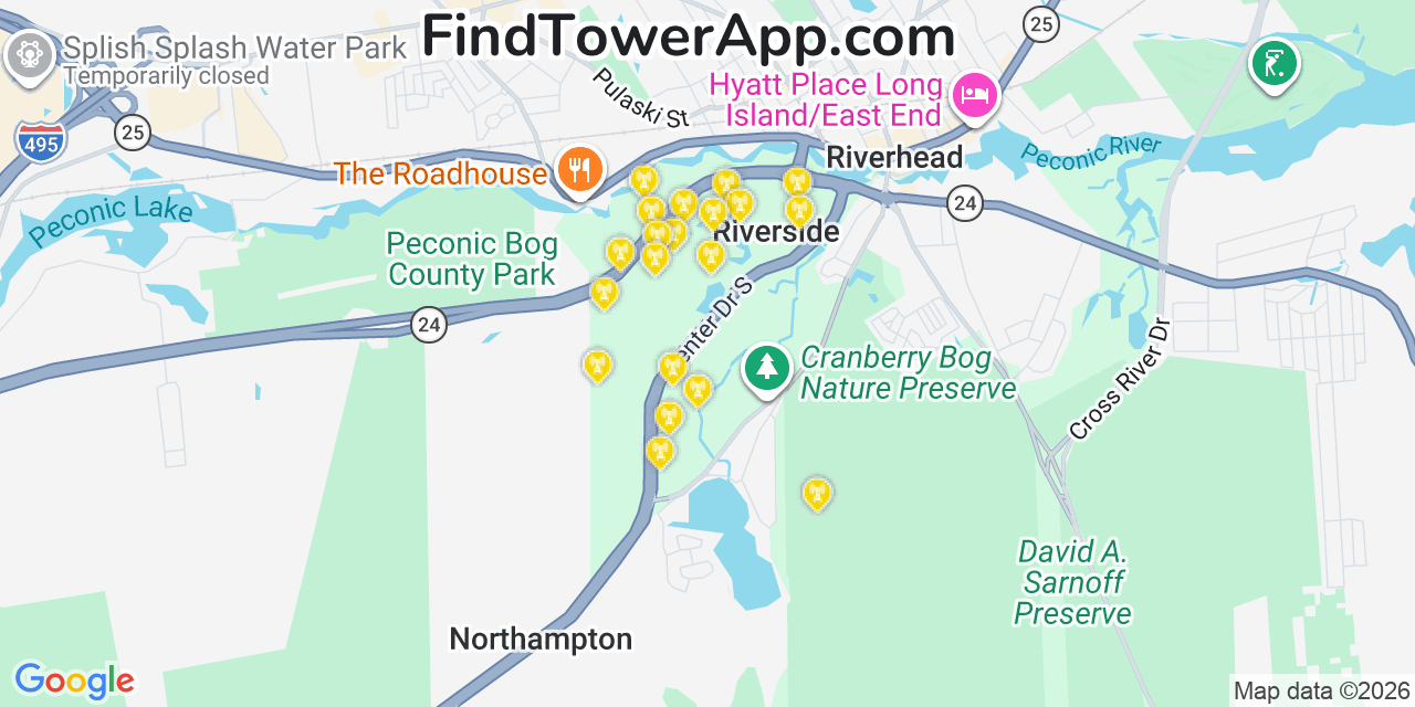Map showing the 20 primary cell tower locations detected in Riverside, New York from AT&T, Verizon, and T-Mobile networks